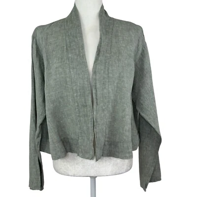 FLAX Cropped Cardigan Jacket Size M Open Front Lightweight Linen Green Long Slv - Image 1 of 4