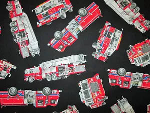 REALISTIC FIRETRUCKS WITH LADDER FIRE TRUCK RED BLACK COTTON FABRIC FQ - Picture 1 of 6