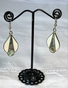 Vintage Art Deco Style Abalone inlay Alpaca Mexico Dangle Pierced Earrings - Picture 1 of 7
