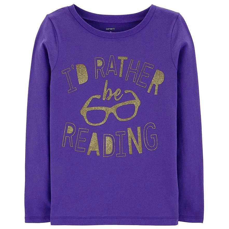 NUEVO CON ETIQUETAS Carter's Girls 4/5 Púrpura I'D PREFIERO LEER Manga Larga Algodón Brillo Foto 1 de 1