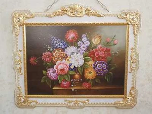 QUADRO CON FIORI COLORATI CORNICE IN LEGNO PANNA E FOGLIA ORO CON CRISTALLI - Picture 1 of 3