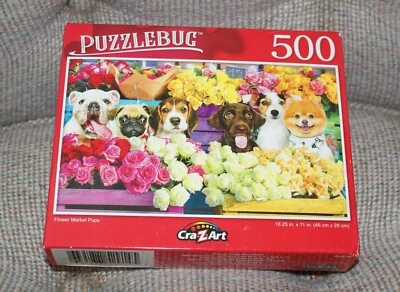 Puzzlebug Flower Market Pups Dog 18.25 x11" Jigsaw Puzzle 500 Pc Fast Shipping - Image 1 of 3