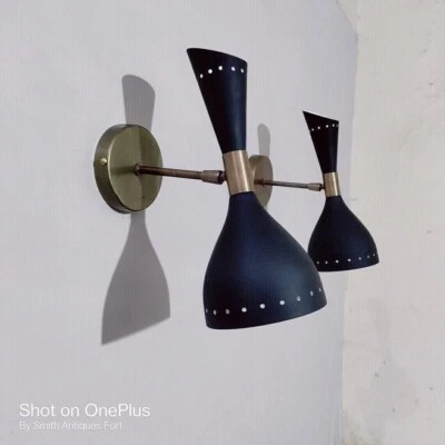 Light -Fixture 2 Bulb Pair Brass Italian Diabolo 1950's Mid Century Wall Sconce - Image 1 of 4