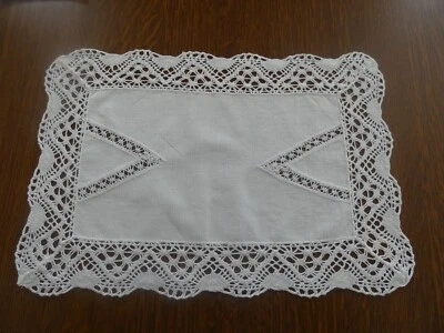 LINGE ANCIEN Napperon FAIT MAIN Rectangulaire Blanc COTON DENTELLE 37cm X 25cm - Photo 1/4