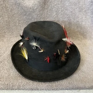 KNOX Vintage Premier Fedora Fifth Avenue Hat Black Size Unkn. 17 Fly Fish Lures - Picture 1 of 10