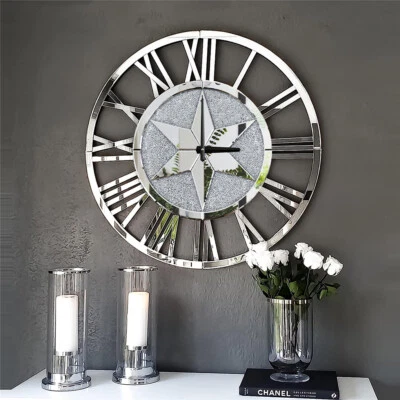 Sparkle Twinkle Crystal Diamond Wall Clock Silver Mirror Wall Decor Big Clocks - Image 1 of 4