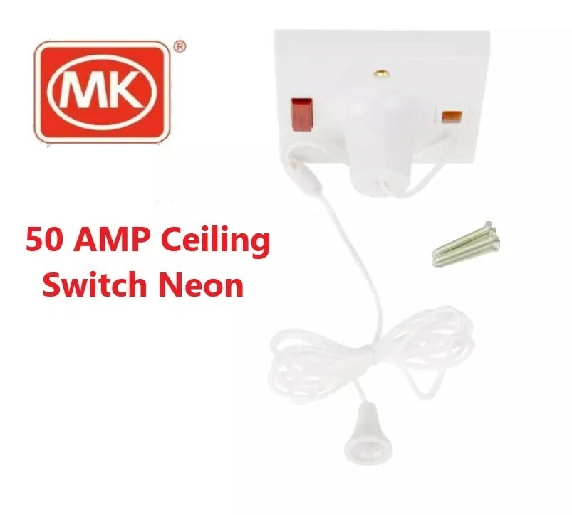 MK ELECTRIC MK 50A 1-WAY PULL CORD SWITCH WHITE WITH NEON 50 AMP SHOWER PULL CORD CEILING