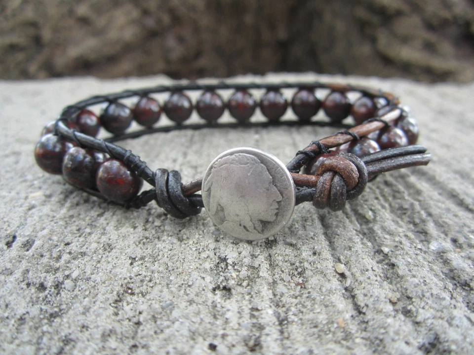 Great Gift Men's Tribal Surf Blood Stone Brown Leather Bracelet w/ Indian  - Image 1 of 4
