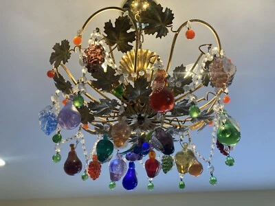 Vtg/Antique Italian Tole Gold Gilded Chandelier Murano Glass Fruits - Image 1 of 4