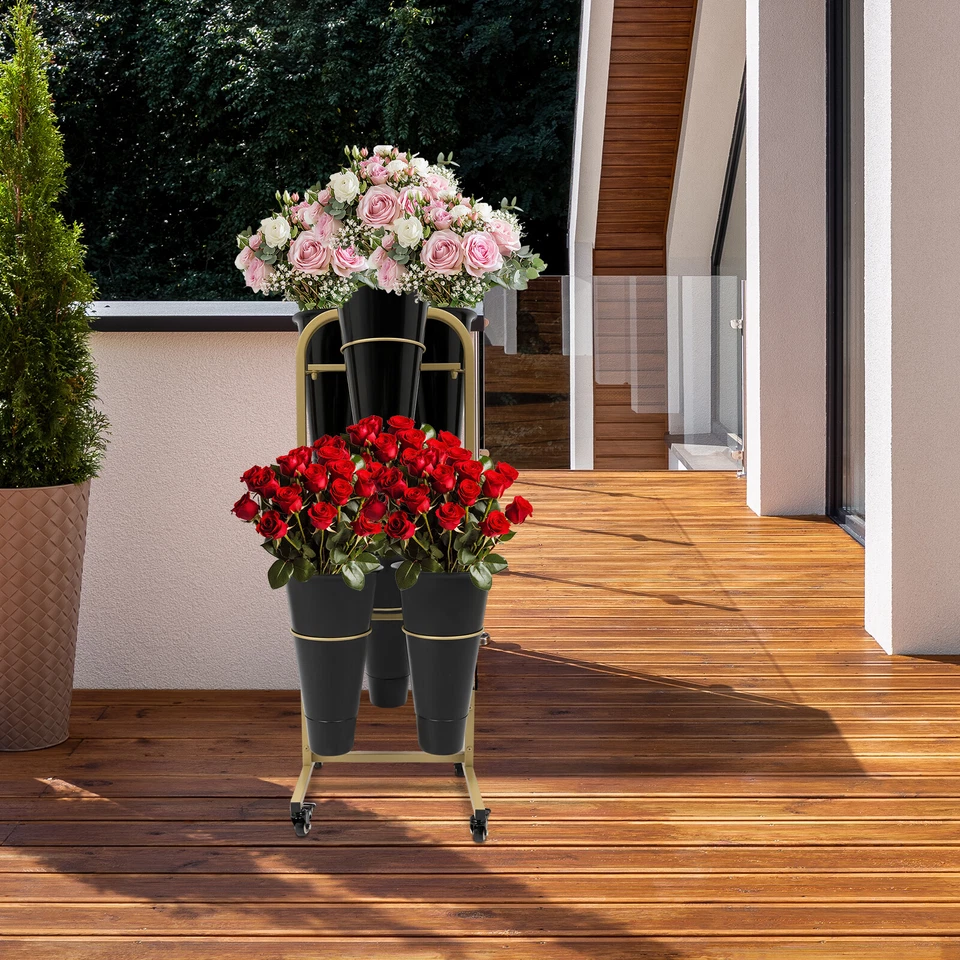 Soporte de exhibición de flores doradas + cubos negros 6 piezas soporte de plantas de acero de 2 capas con ruedas Foto 1 de 4