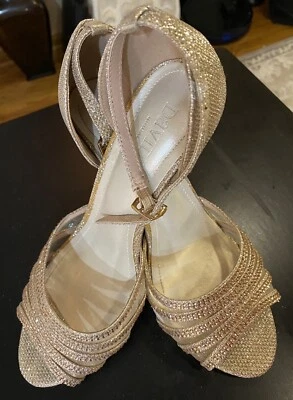 Свадебные туфли Davids золотистые блестящие хрустальные на высоких каблуках с открытым носком и ремешками для вечеринки 7,5 - Изображение 1 из 4