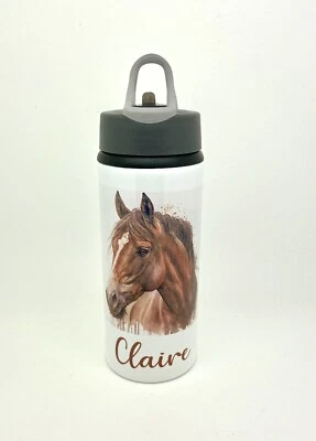 Personalised Permanent Design Water Bottle Horse Equestrian Drink Flip Top Straw - Image 1 of 3
