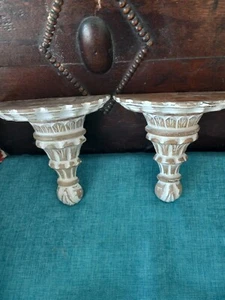 Ornate carved wood wall shelves sconces x 2 white washed home decor - Picture 1 of 5