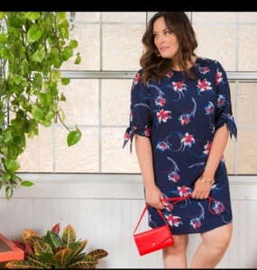 Kiyonna Shift Dress 3X Manhattan Style Red White Blue Floral Feminine Colorful - Picture 1 of 12
