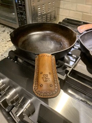 CUSTOM BUILT Leather Cast Iron Skillet Holder Handle Cover Your Choice Initial - Image 1 of 4