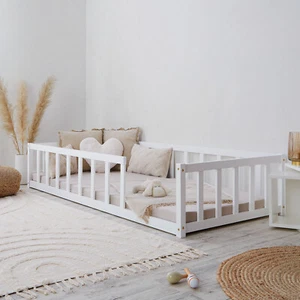 Bodenbett 90x200 Kinderbett mit Rausfallschutz Lattenrost Holz Weiß Homestyle4u - Bild 1 von 10