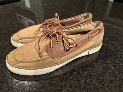 Polo Ralph Lauren Rylander Hombres 10.5 Marrón Beige Cuero Lona Zapato Barco Foto 1 de 4