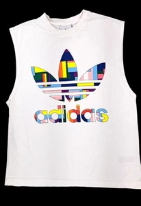 Adidas Sleeveless T-Shirt White Women Medium Pride Flag Colorful Trefoil Logo - Picture 1 of 8