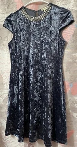 MONTEAU GIRL Gray/Blue Velvet Pearl Neckline Cap Sleeves Dress Sz 14 - Picture 1 of 8