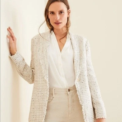 Blazer Ann Taylor Crema Tweed Borde con Flecos Forrado Imitación Bolsillo Dos Botones Talla 12 Foto 1 de 4