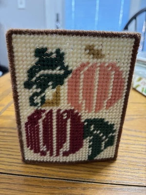 Handmade Needlework Tissue Box  Cover With Pumpkin, 4.5” X 6”, Orange/Rust Color - Image 1 of 4