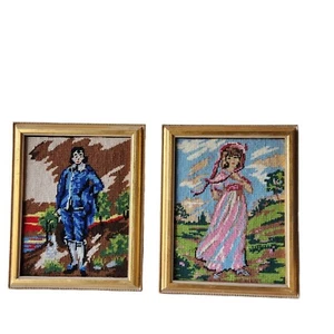 Vintage Framed Needlepoint Cross Stitch  Completed Blue Boy & Girl in Pink  - Picture 1 of 8