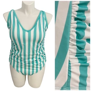 Kona Sol One Piece Swimsuit Womens 20W Green Stripe Ruched Adjustable Beach Pool - Picture 1 of 13