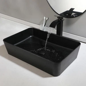US Matte Black Bathroom Vessel Sink Rectangle Basin Mixer Deck Mounted Drain Tap - Picture 1 of 8
