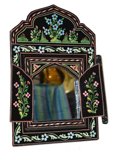 Moroccan Wall Mirror w/Doors Hand Painted Arabesque Handmade Home Decor Green  - Picture 1 of 4