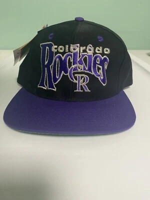 Vintage Colorado Rockies Black Fitted Hat Cap The Game Spell Out Logo NOS NWT - Image 1 of 4