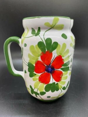 Hand Painted Ceramic Pitcher Red and Green Floral Design - Made in Italy  C2 - Image 1 of 4