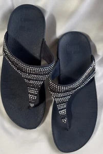 Fitflop Lulu Beaded Blue Suede Wedge Bling Sandals Flip Flop Shoes Women's Sz 8 - Picture 1 of 9