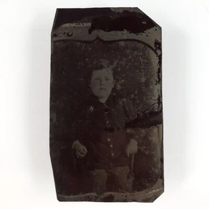 Distressed Chubby Boy Child Tintype c1870 Antique 1/9 Plate Portrait Photo C2680 - Picture 1 of 2