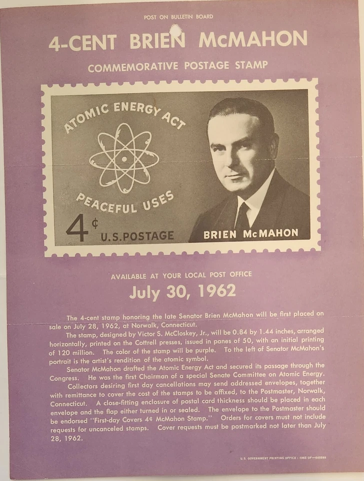 USPS 4-CENT 1962 Brien McMahon Commemorative FDC Stamp Poster - Image 1 of 1
