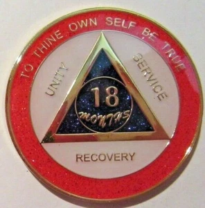 RED White BLUE SPARKLE Alcoholics Anonymous 18 month AA Medallion Coin Token  - Picture 1 of 8