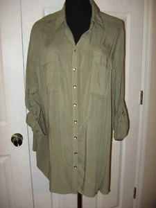 Chico's Olive Button Front Blouse, Tunic,Rayon,Collared,Tab Slv, Pockets,3 ,XL - Picture 1 of 9