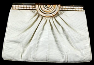 Bolso sin asas vintage Judith Leiber piel de lagarto blanco marco dorado cristal con correa - Imagen 1 de 23