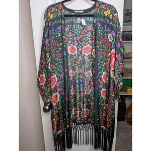 Johnny Was 100% Silk Kimono Multicolor Floral Motif with Tassels size Large - Picture 1 of 4