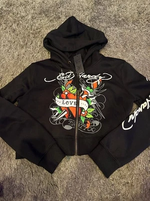Sudadera con Capucha Recortada Tatuaje Espada Corazón Negro Ed Hardy Nueva con Etiquetas Talla XL Foto 1 de 4
