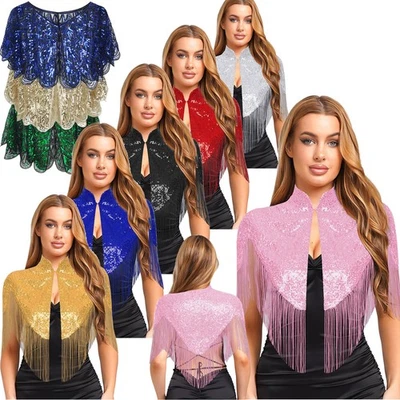 Womens Sparkly Sequin Shawl Bridal Bolero Cover Up Glitter Fringed Evening Cape - Image 1 of 4