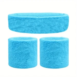WRISTBAND & HEADBAND SET Tennis Terry Towelling Cotton Sweat Band Team Gym Kit - Picture 1 of 2