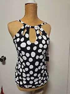 LA BLANCA Island Goddess High Neck Keyhole Tankini Top BLACK & WHITE DOTS 8 NEW - Picture 1 of 11