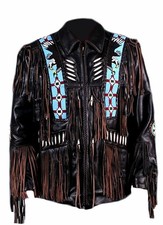 Eagle Patches Dark Brown Western Cow Hide Leather Buck Skin Men Pow Wow Jacket