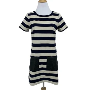 J. Crew Faux Leather Pocket Stripe Dress Women's Size XS Short Sleeve Back Zip - Picture 1 of 9