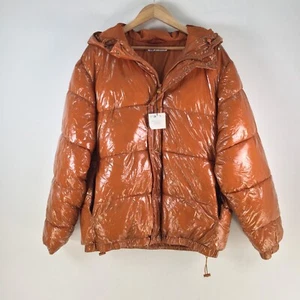 NEW Zara mens patent puffer jacket size M brown water repellent hooded 105863 - Picture 1 of 12