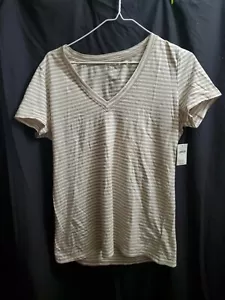 Women's Gap White /tan Striped Short Sleeve Shirt New With Tags - Picture 1 of 3