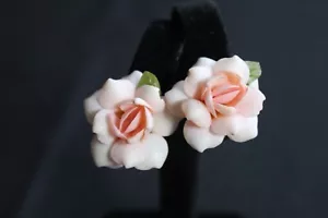 Vintage Pink Rose Celluloid Flower Earrings Screwback - Picture 1 of 7