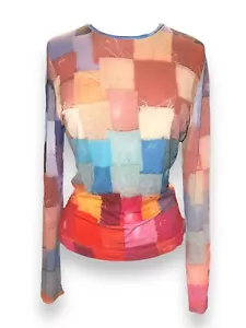 TODD OLDHAM Patchwork Print Top Pullover Long Sleeve Crew Neck Multicolor Size L - Picture 1 of 9