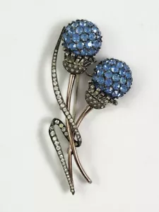 Broche prendedor vintage Pennino de plata esterlina azul estrás doble flor RARO - Imagen 1 de 10