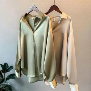 Ladies Casual Satin Silk Solid Shirt Baggy Button-up OL Work Blouse Womens Tops - Picture 1 of 16
